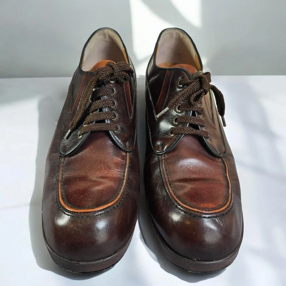 VTG 70s Pellet France Men Shoes 9.5 Brown Leather Lace Up Block Cuban Heel Disco